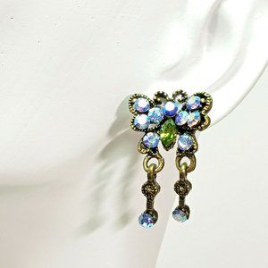 Antique Silver Butterfly Earrings Blue Crystals